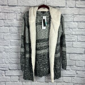 Lety & Me Dockerie Sherpa Trim Hooded Open Cardigan Size Medium NWT
